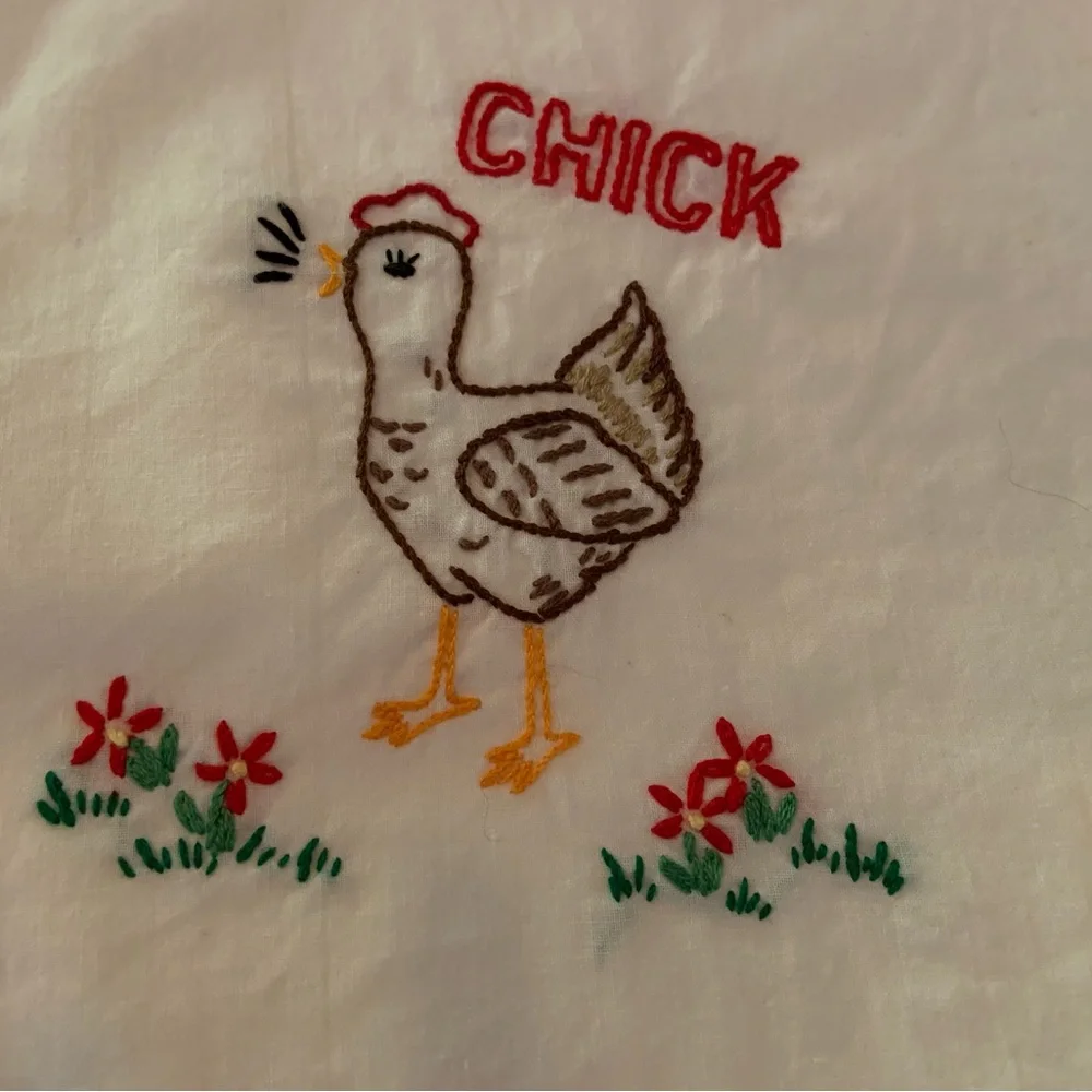 Vintage Hand Embroidered Chicken Design Flour Sack Kitchen Towels Set Of 5